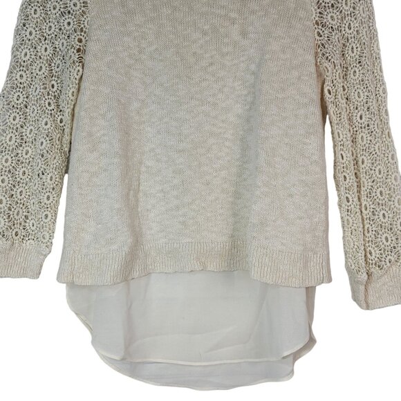 Lucky Brand Open Knit Top Cream Size XS Lace Chiffon Split Back Cinema Linen - Picture 3 of 7